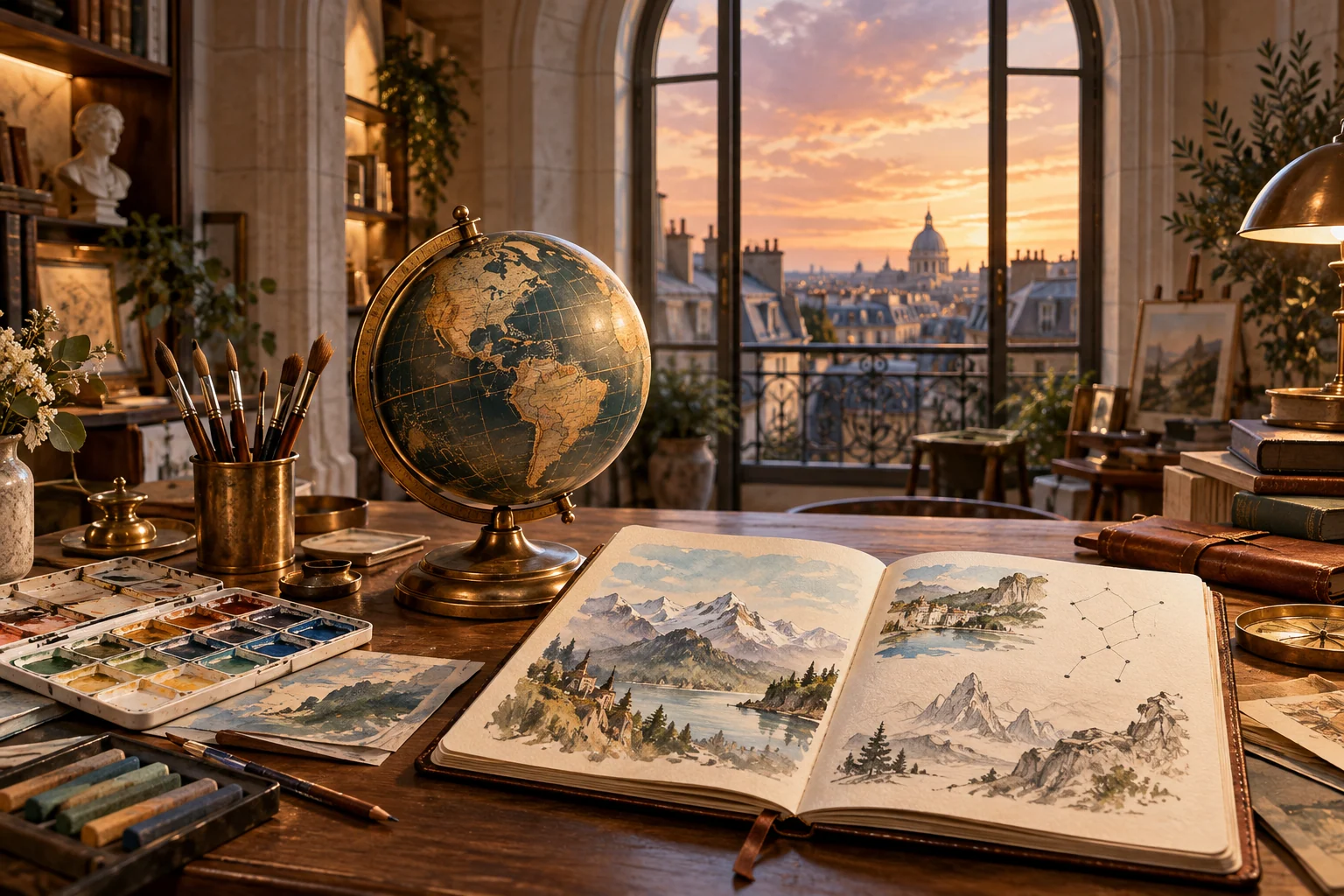 Atlas of travels, watercolour album and globe in the Parisian atelier