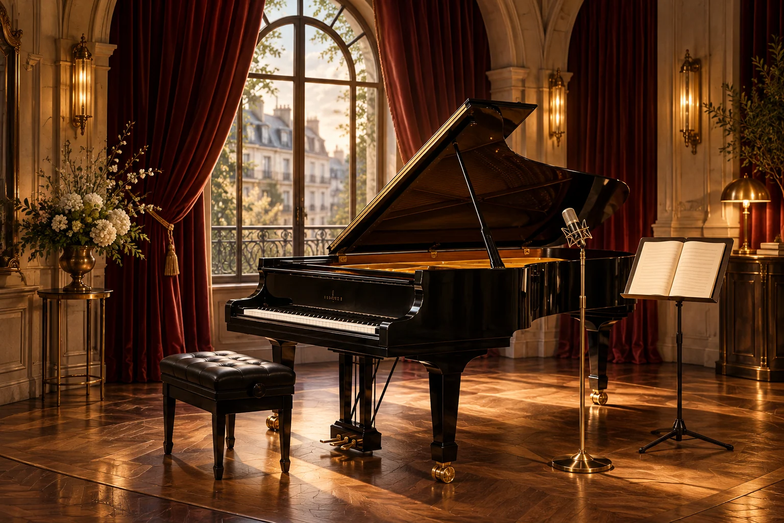 An intimate stage with grand piano, velvet curtain and microphone