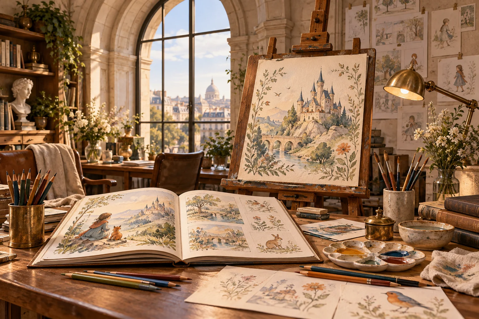 Art workshop with easel, paints and book illustration