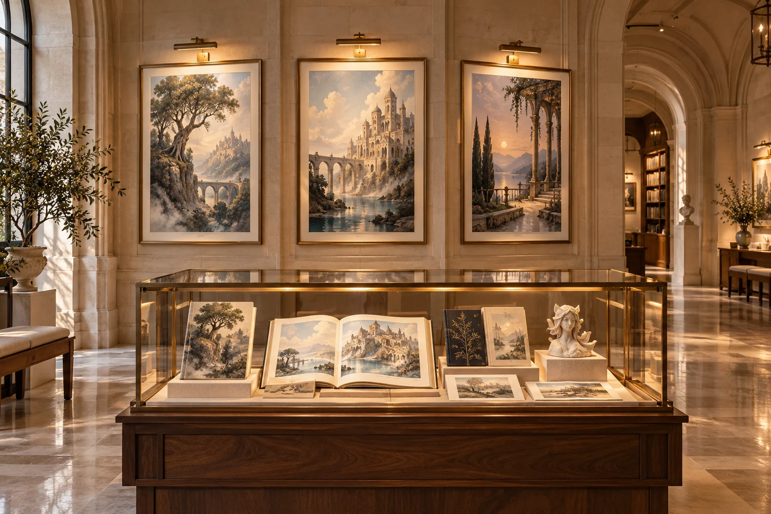 A curated gallery with illustrations, books, and a glass display case